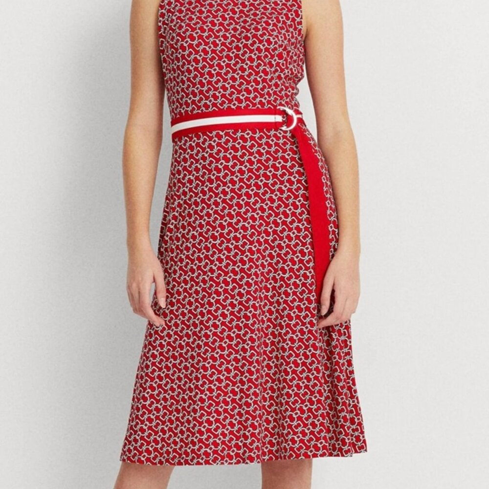 Lauren Ralph Lauren Chain Link Print Jersey Dress – Size 8 – Belted